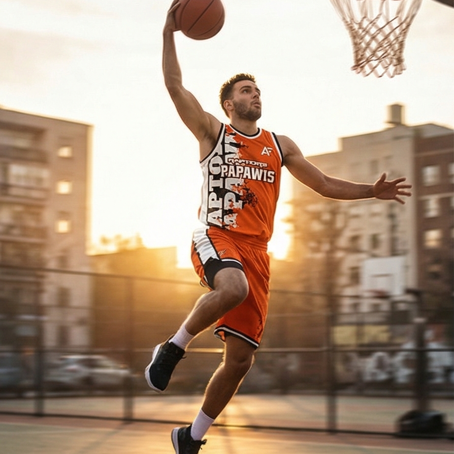 Basketball player in orange jersey and shorts dunking the ball on an outdoor court with buildings in the background.