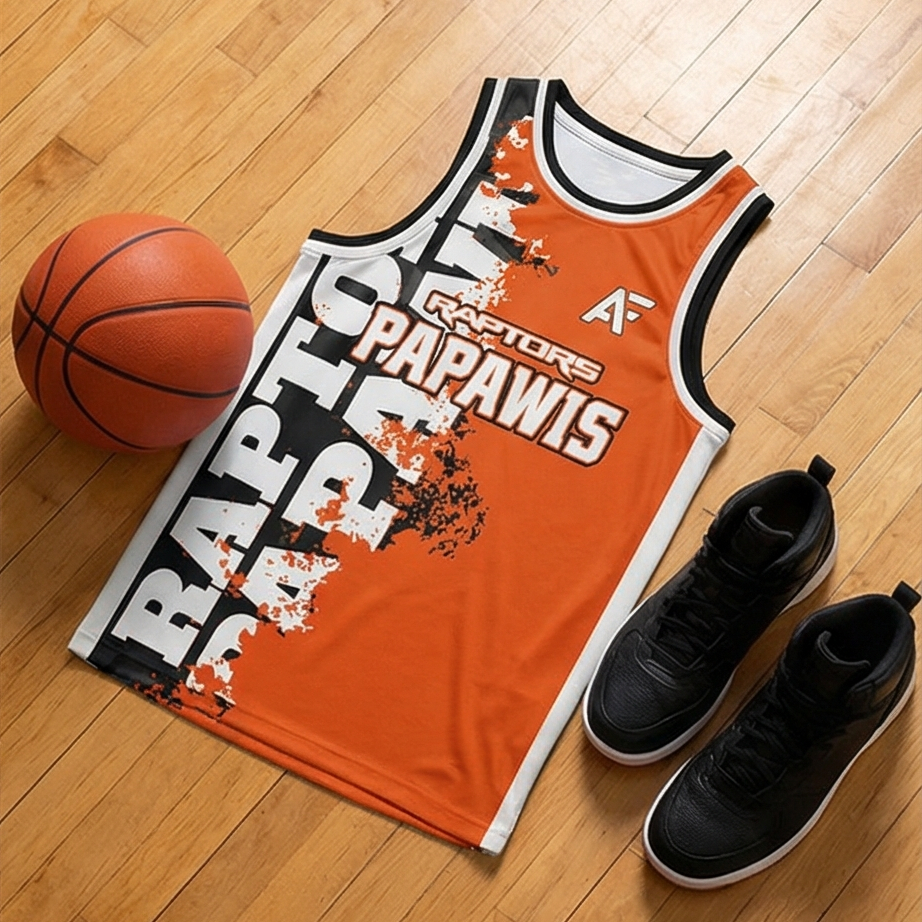 Basketball jersey with 'Bartow Papawis' text, basketball, and black shoes on a wooden floor.