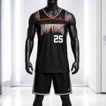 Basketball jersey with 'Raptors' and number '25' on a mannequin in a white room.