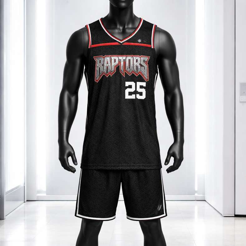 Basketball jersey with 'Raptors' and number '25' on a mannequin in a white room.