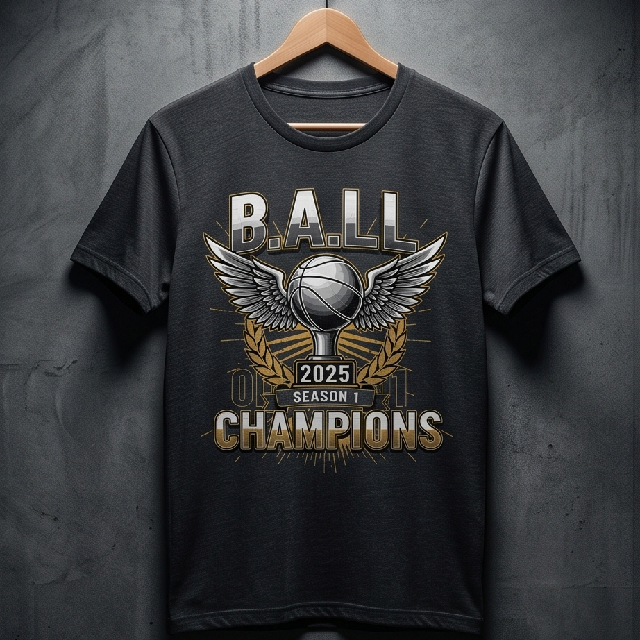 Black t-shirt with sports-themed design on a hanger against a gray background