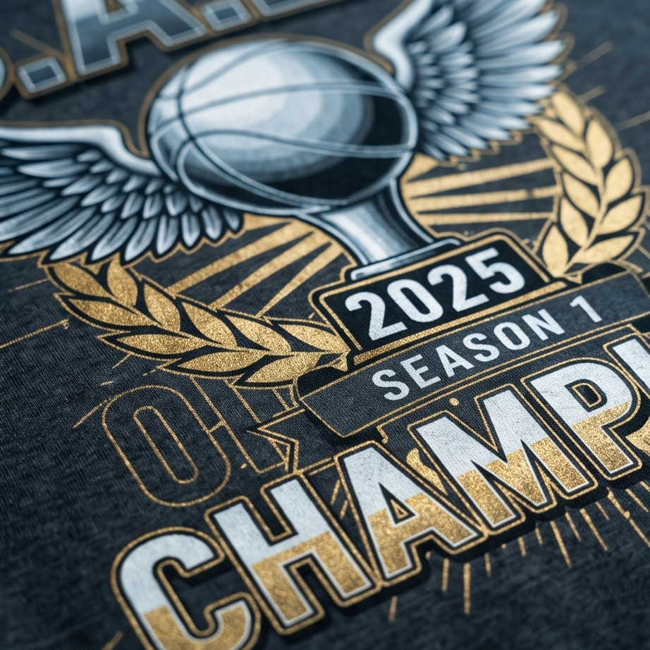 T-shirt with '2025 Season 1 Champion' design featuring a basketball and wings on a dark background.