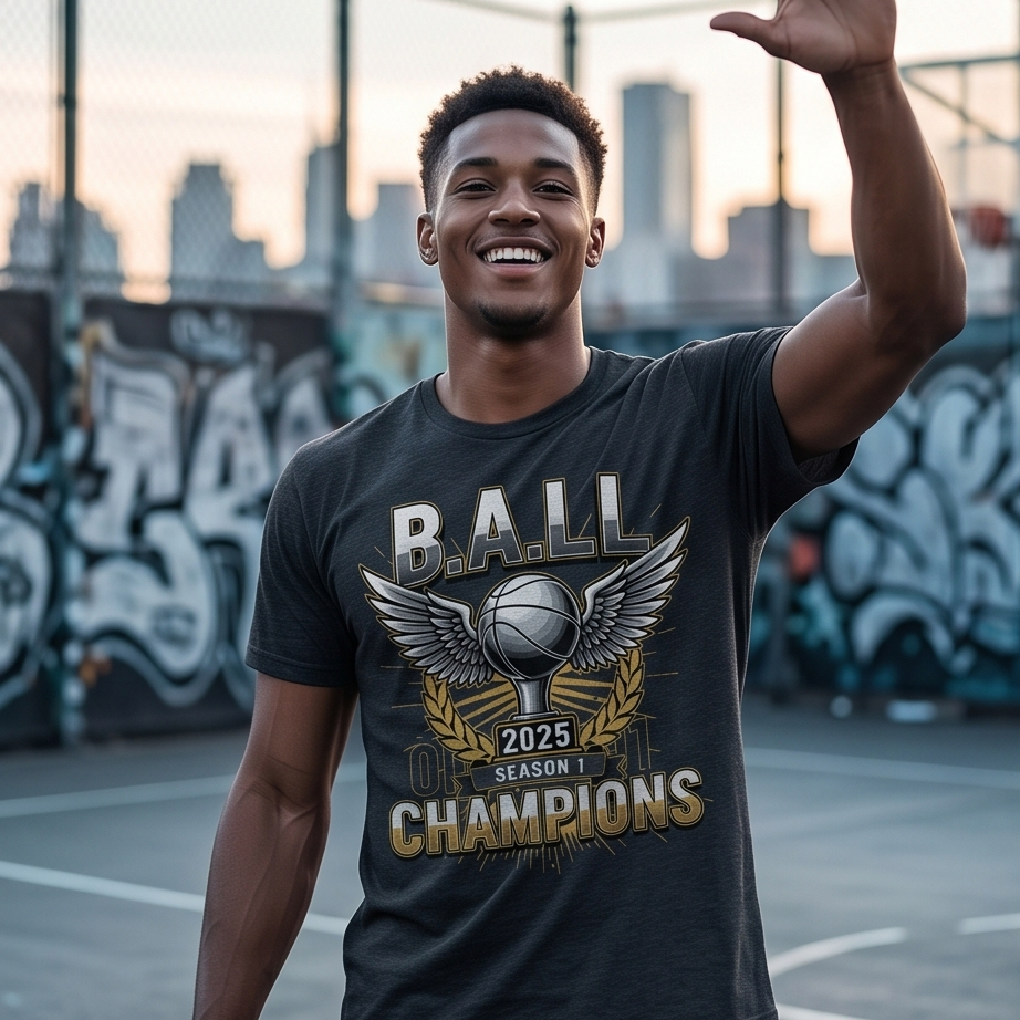 Man wearing a 'Ball 2025 Season Champions' t-shirt on an outdoor basketball court with graffiti in the background.