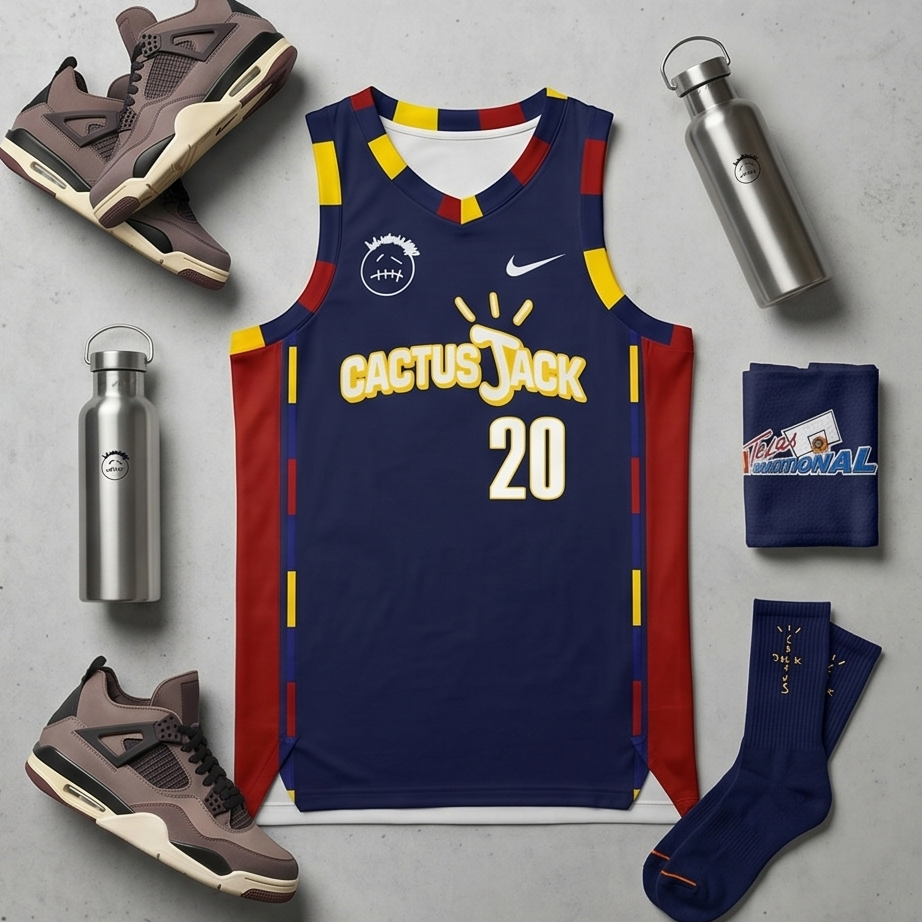 Basketball jersey with 'Cactus Jack' and number '20', surrounded by shoes, a water bottle, and socks on a gray surface.