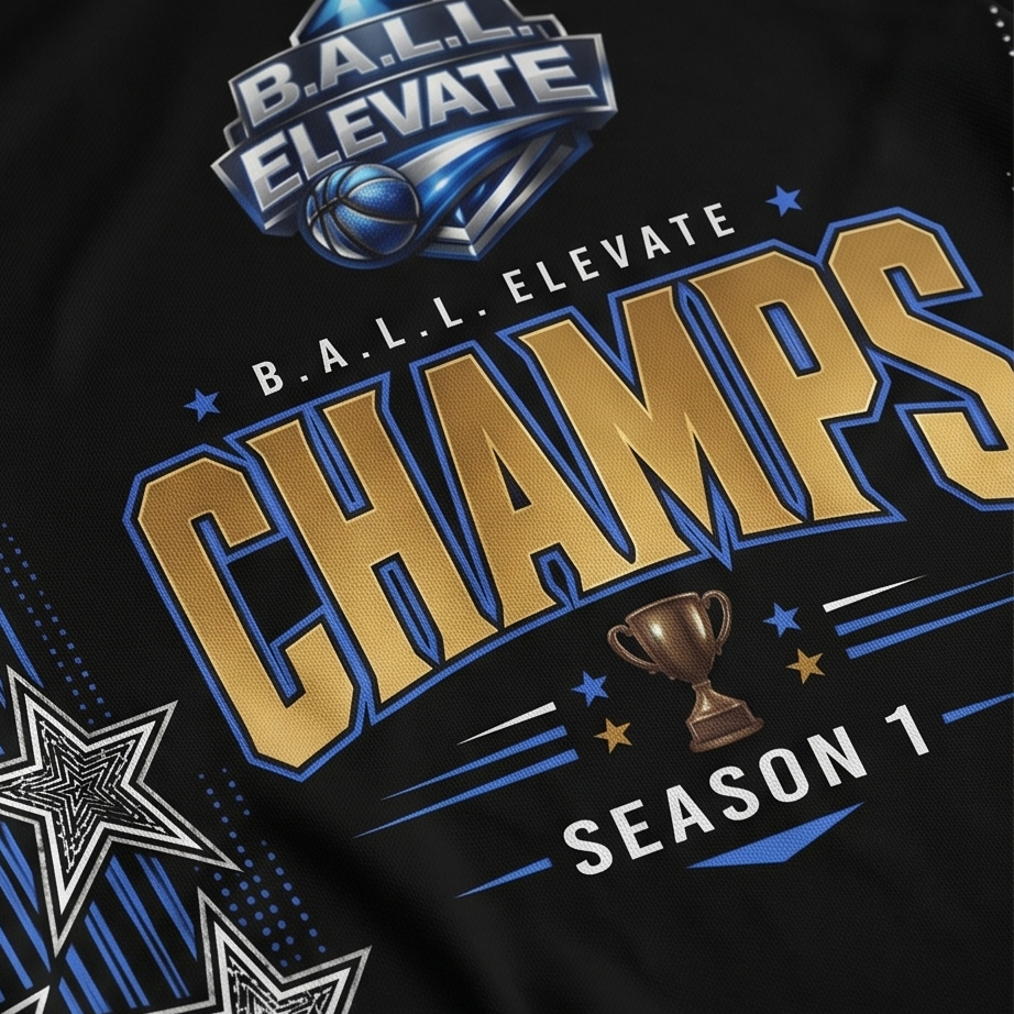 Black t-shirt with 'B.A.L.L. Elevate Champs' text and graphics on a dark background