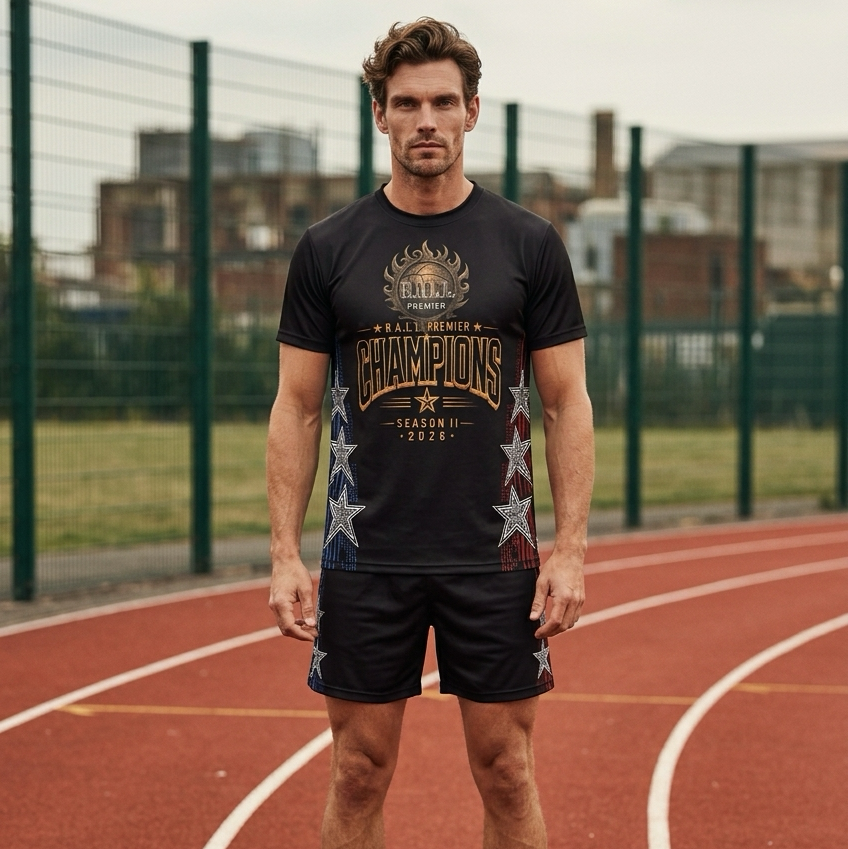 Man standing on a running track wearing a black t-shirt and shorts with visible branding.