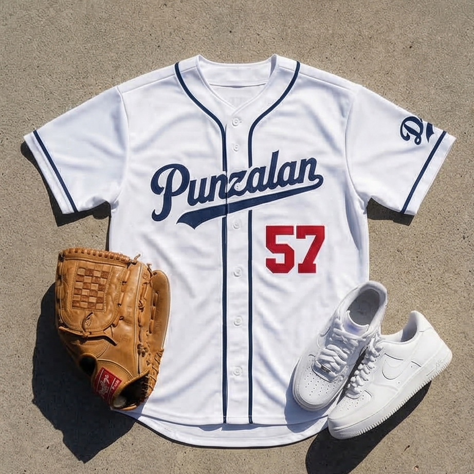 Baseball jersey with 'Punzalan' and number '57', brown glove, and white sneakers on a concrete surface.