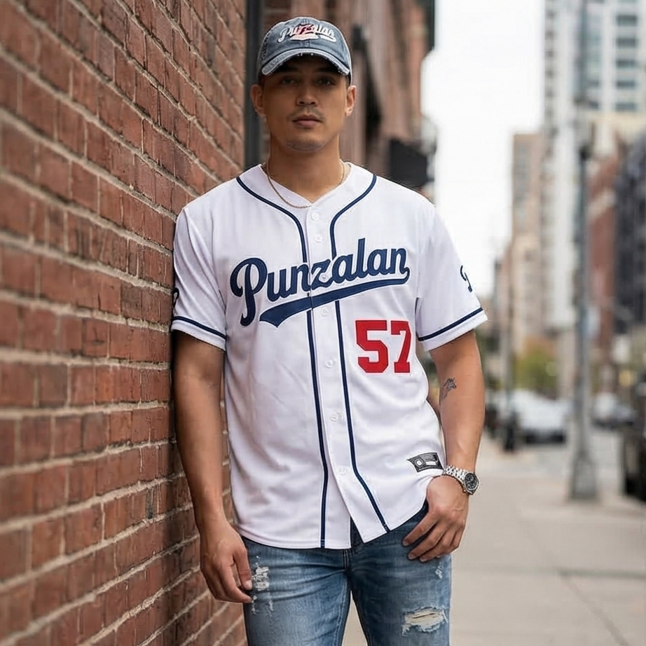 Person wearing a white baseball jersey with 'Punzalan' and number '57', leaning against a brick wall.