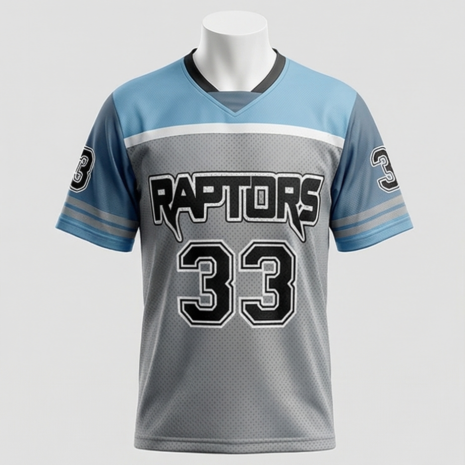 Gray sports jersey with blue sleeves and 'Raptors 33' text on a white background