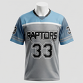 Gray sports jersey with blue sleeves and 'Raptors 33' text on a white background