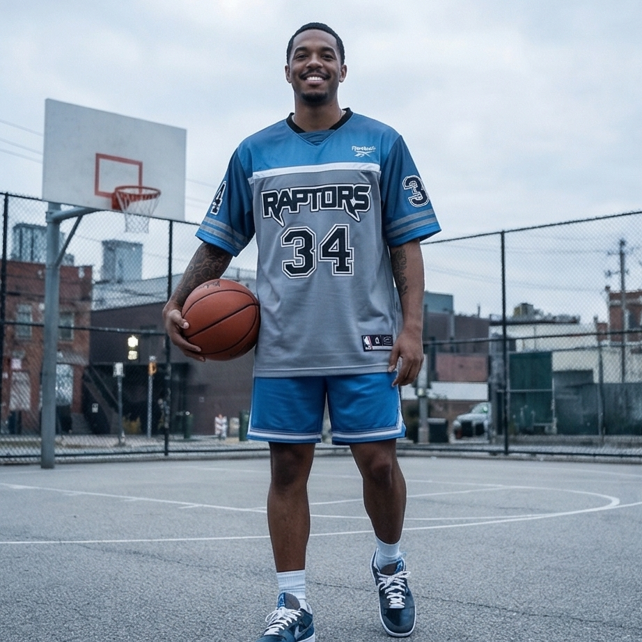 Person wearing a Raptors jersey holding a basketball on an outdoor court.