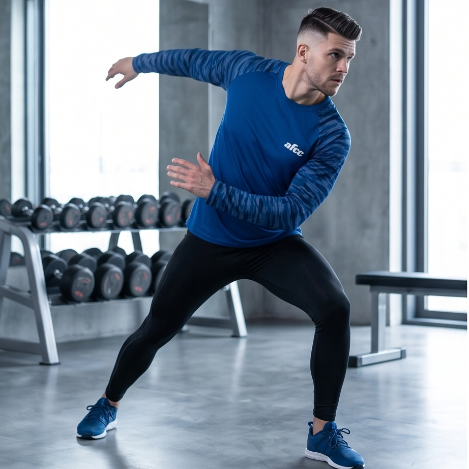 Man in blue athletic wear performing a lunge in a gym setting