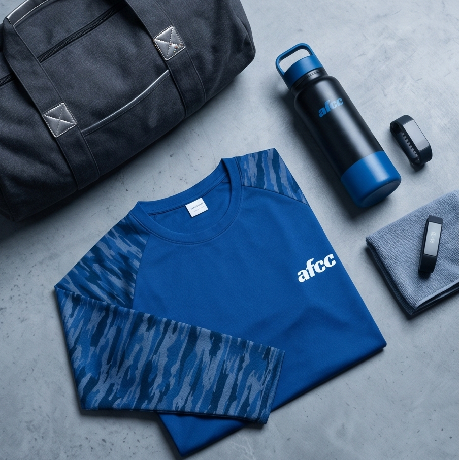 Blue athletic shirt with 'afcc' logo, black duffel bag, water bottle, and towel on a gray surface