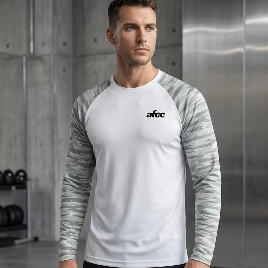 Man wearing a white and gray athletic shirt with 'afcc' logo in a gym setting
