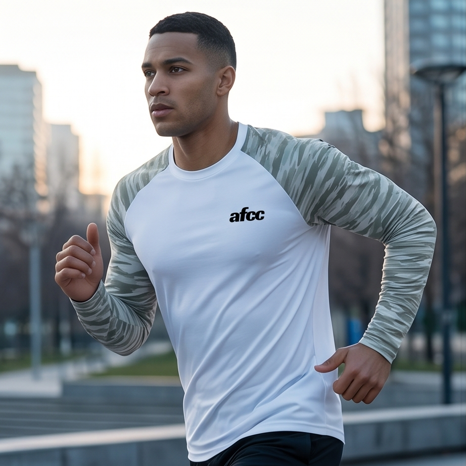 Man wearing a white and gray athletic shirt with 'afc' logo, standing in an urban setting.