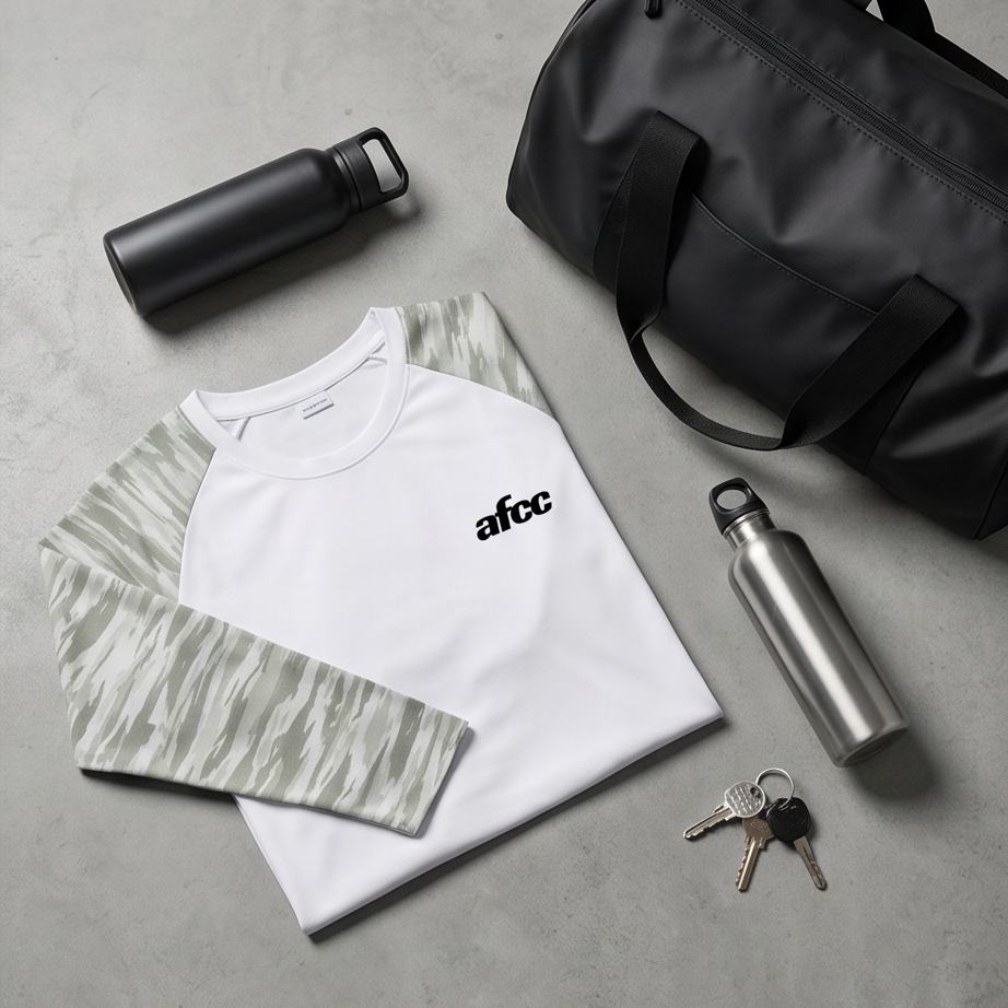 White tank top with 'afcc' logo, camouflage leggings, black duffel bag, and water bottles on a gray surface.