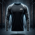 Black and gray long-sleeve shirt with 'afcc' logo on a mannequin against a dark background.