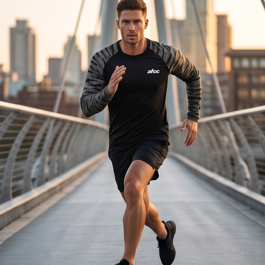 Man running on a bridge with a cityscape in the background