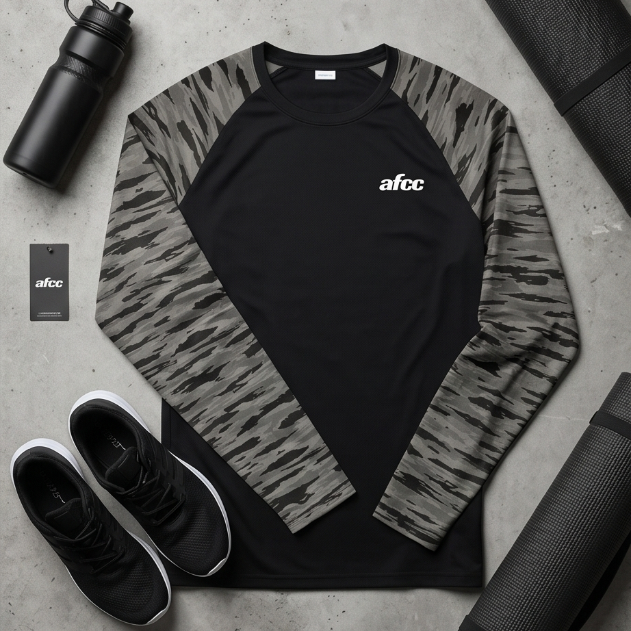 Black and gray patterned long-sleeve shirt with 'afcc' logo on a concrete surface, surrounded by black shoes and water bottle.