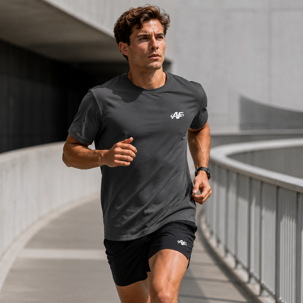 Man running outdoors wearing a black athletic outfit with a logo on a modern architectural background