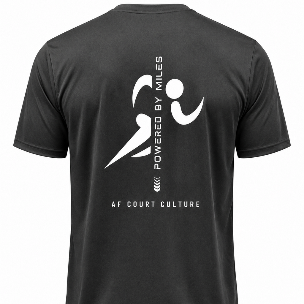 Black t-shirt with white graphic and text on a white background